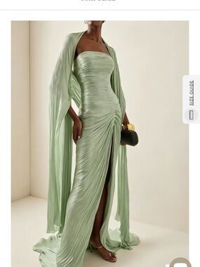 Strapless Sage Pleated Maxi Dress with Draped Cape with long drapery coverup